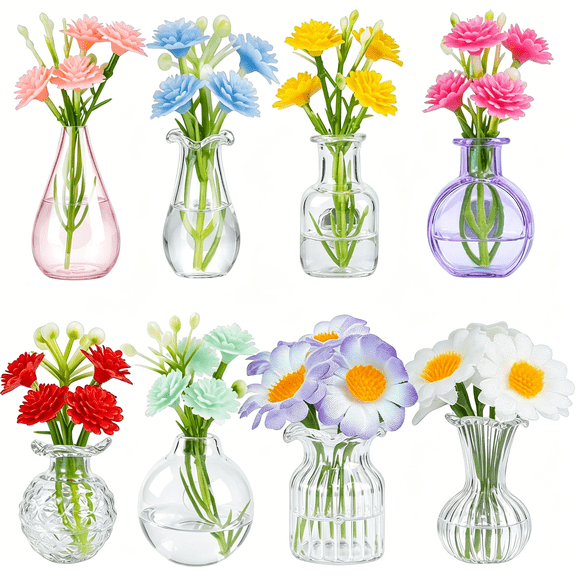 ACDANC 8Pcs Mini Glass Vase Refrigerator Magnets with Artificial Flowers,Cute Tiny Flower Fridge Magnets for Refrigerator Office and Kitchen Cabinet Decoration