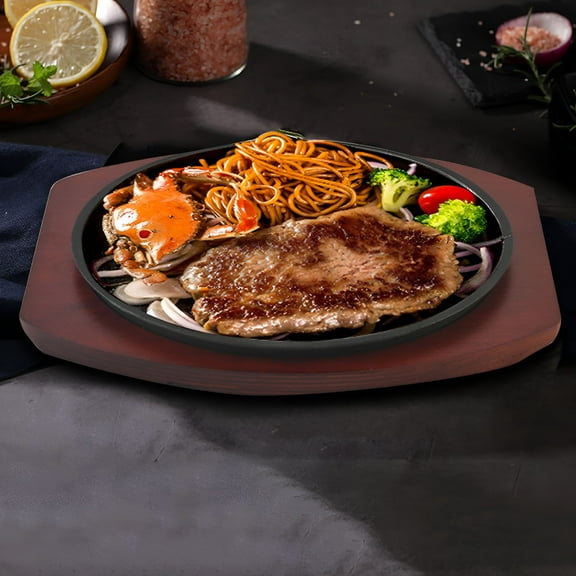 ACDANC 9 Inch Cast Iron Griddle Pan with Wooden Base, Personal Size Sizzle Skillet Plate for Steak, Fajitas, Searing, Baking, Induction Compatible