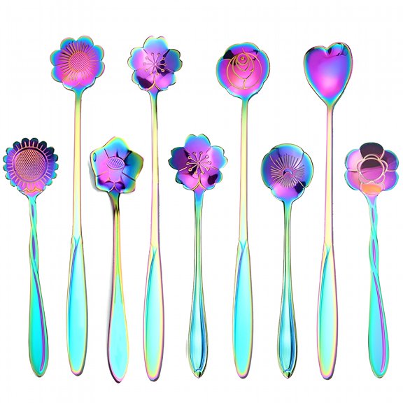 ACDANC 9 PCS Dessert Spoon Teaspoon Stainless Scoop Flower-shaped,With Handle for Festival Beverage Stirring Mixing Spoon