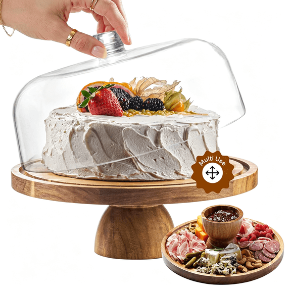 ACDANC Acacia Wood Cake Stand with Lid-Cake Stand with Dome,12In Round Cake Holder,2-In-1 Dessert Table Display Set&Charcuterie Board for Cheese,Chips,Fruit Platter,Large Acrylic Cake Dome Cover