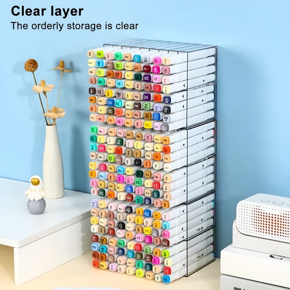 ACDANC Acrylic Marker Storage Rack, Double Layer Art Supply Organizer with 18 Compartments, Desktop Pen Pencil Holder Box for Artists and Crafters (72 Markers)