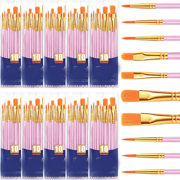 ACDANC Acrylic Paint Brushes Set, 10 Packs/ 100 Pcs Watercolor Brushes,Nylon Brush Head, for Oil Painting, Gouache, Face,Ceramics Etc, Kid'S and Adults Painting Arts and Crafts Paint Sets.