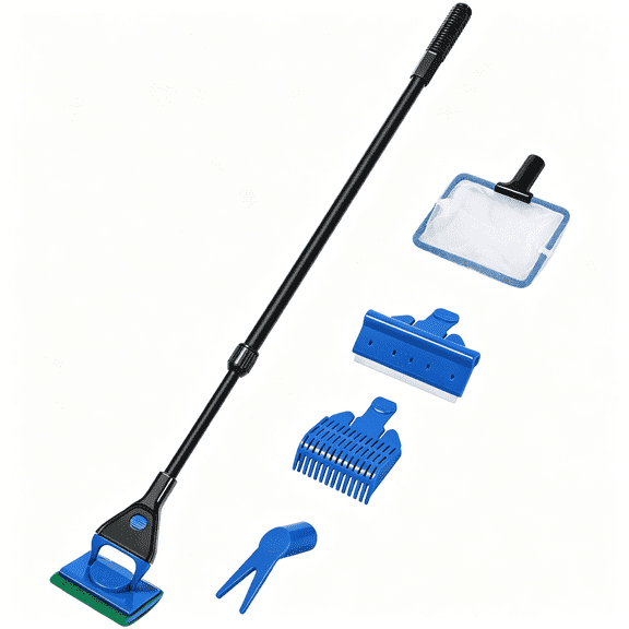 ACDANC Aquarium Cleaning Tools,Fish Tank Cleaner Kit with Adjustable Long Handle,5 in 1 Set Including Fish Net,Algae Scraper