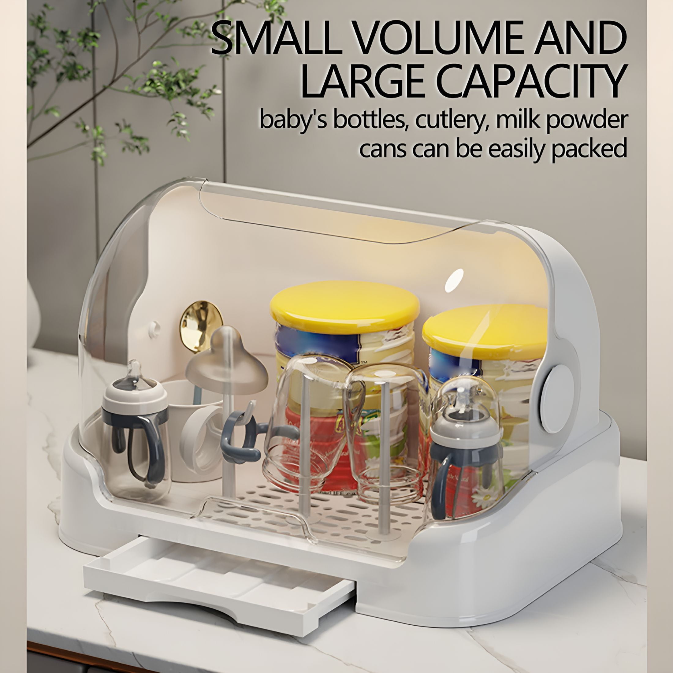 ACDANC Baby Bottle Drying Rack Baby Bottle Organizer With Cover Bottle Storage With Removable Drip Tray Nursing Baby Bottle Storage Countertop