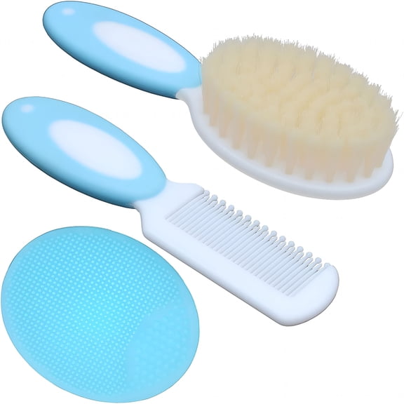 ACDANC Baby Hair Brush & Silicone Cradle Cap Brush Set, Soft Goat Bristles & Food-Grade Silicone, Newborn Toddler Scalp Care Gift (Blue)