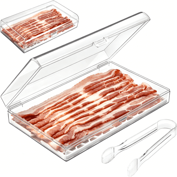 ACDANC Bacon Keeper Storage Container with Tong, Deli Meat Storage Container with Perforated Tray for Freshness, Clear Durable Plastic - Dishwasher and Freezer Safe - Size: 11 x 6.5 x 2