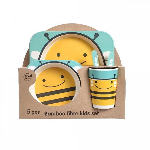 ACDANC Bamboo Kids Dinnerware Set with Plate, Bowl, Cup, Spoon and Fork, BPA-Free Natural Bamboo Fiber Children Tableware with Cute Bee Cartoon Design, Dishwasher Safe for Toddlers and Kids