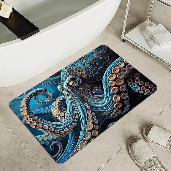 ACDANC Bath Mat Rug,Blue Octopus Non Slip Quick Dry Super Absorbent Thin Bathroom Rugs Fit under Door-Easy to Clean Bathroom Floor Mats-Shower Rug for Shower Sink Bathtub(20" X 31"In)