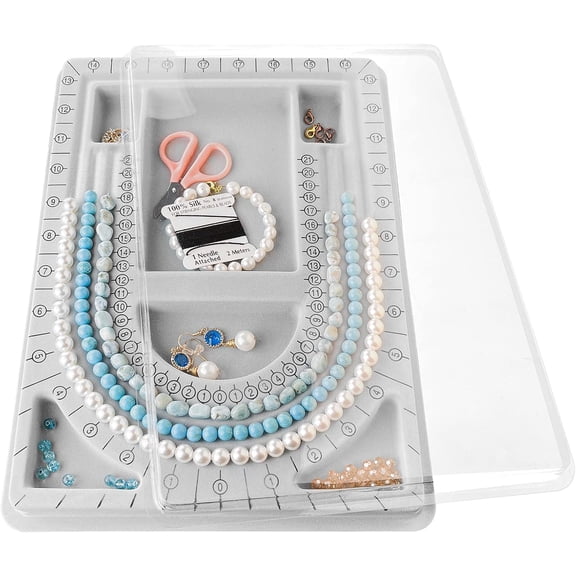 ACDANC The Bead Board with Clear Cover,Grey Flocked,6 Recessed Compartments,3 U-Shaped Channels,Design Boards for Jewelry Bracelet Necklace Making DIY