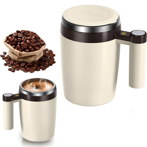 ACDANC Beige Electric Coffee Mug with Built-In LCD Thermometer,Self-Stirring Automatic Coffee Cup,Perfect for Brewing Coffee,Milk,Cocoa,Tea,Hot Chocolate,Rechargeable Portable Mug