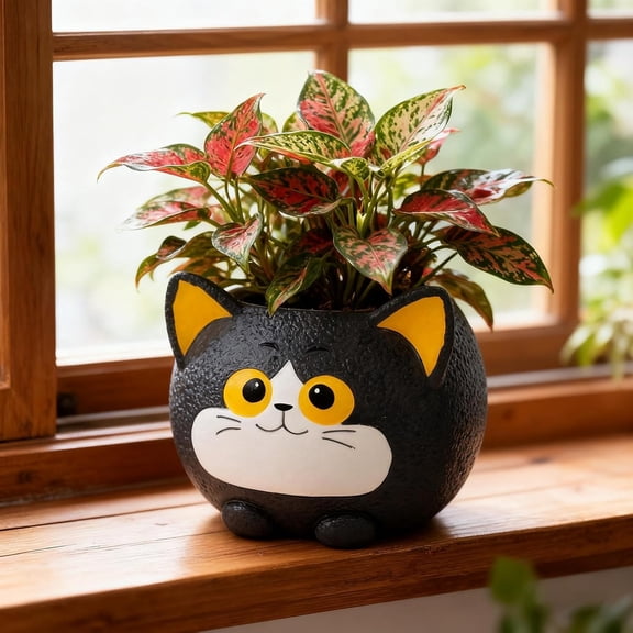 ACDANC Black Cat Planter Pot - Unique Resin Succulent Planter with Drainage Hole,Cat Plant Pots for Indoor Outdoor Plants,Decorative Flower Pot for Mother and Cat/Plant Lovers