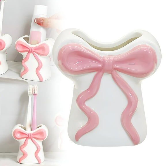 ACDANC Bow Toothbrush Holder, Pink Toothbrush Holder, Cute Bathroom Accessories, Cute Toothpaste Holder, Ceramic Toothbrush and Toothpaste Dispenser, Checkered Pink Bathroom Decor Makeup Organizer
