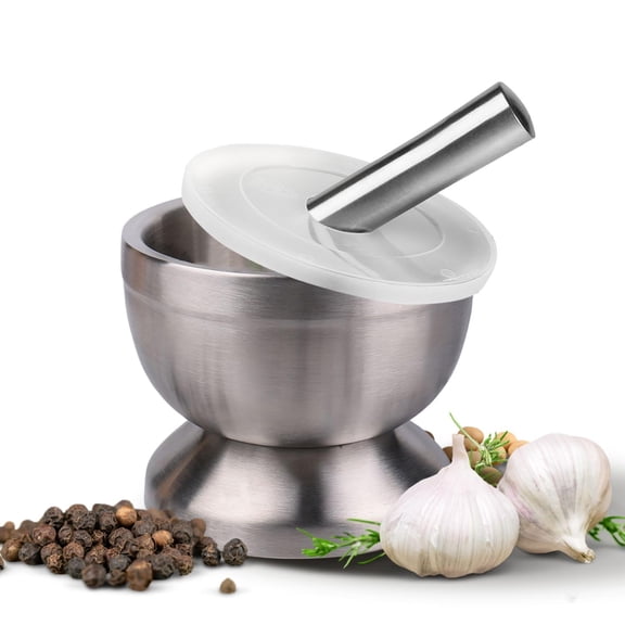 ACDANC Brushed Stainless Steel Mortar Pestle Set Small 4-3/4 Inch 1 Cup Capacity Muddler Bowl Non-Skid Base Silicone Lid Spice Herbs Guacamole Medicine Grinder Crusher Set
