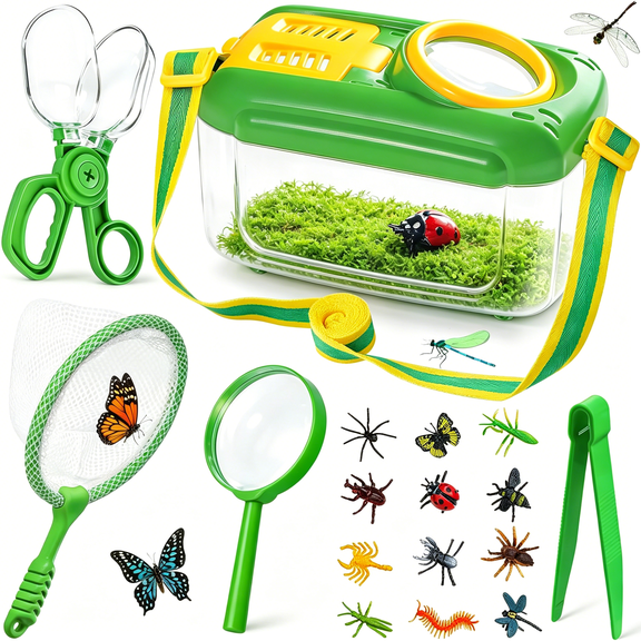 ACDANC Bug Catcher for Kids, 17 PCS Bug Catching Kit with Bug Collector Toy Bugs Butterfly Net Magnifying Glass Insect Catcher Tweezers, Outdoor Explorer Kit for Kids Age 3 4 5 6 7 8