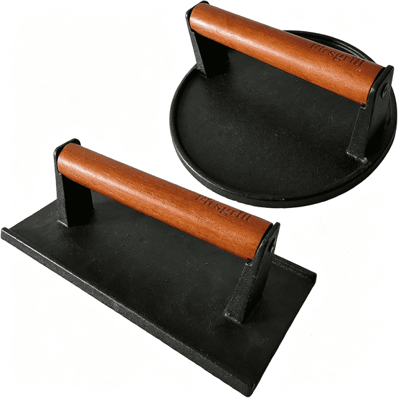 ACDANC Burger Press 7.08" Round&8.3"X4.3"Rectangle Heavy-Duty Cast Iron Smash Meat Steak with Wood Handle for Griddle(Round&Rectangle W Flat Bottom)