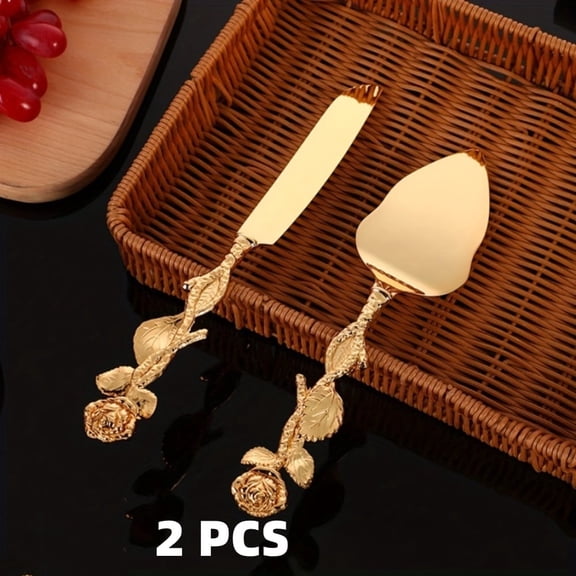 ACDANC Cake Cutting Set for Wedding, Gold Cake Knife and Server Set with Rose Handle, Engraved Pastry Pie Server Cake Pizza Cutter, Birthday Bridal Gift