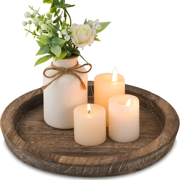 ACDANC Candle Plate Holder Tray: Round Wood Decorative Candle Plate - Rustic Farmhouse CoffeeTable Decor - Tealight Pillar Trays for Home Decor (Distressed)