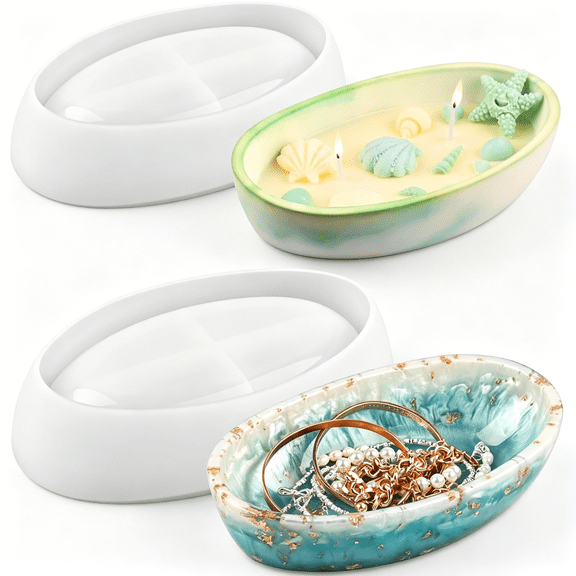 ACDANC Candle Vessel Silicone Mold,2 Pieces Oval Bowl Resin Container Molds,Candle Boat Storage Tray Mold for Epoxy Resin Craft Mold Diy Jewelry Trinket Tray Home Decor
