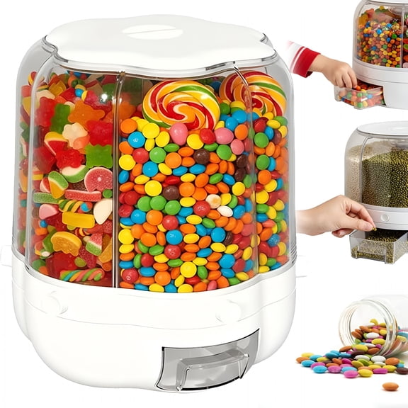 ACDANC Candy Dispenser 360 Rotating with 6 Compartments,Airtight Food Storage Container with Lid,One-Click Dispensing,for Snacks Cereals Beans Kitchen Counter Organizer