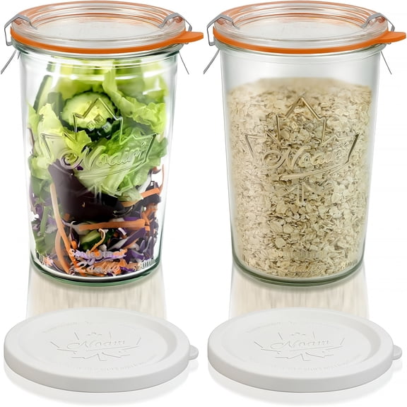 ACDANC Canning Jars 27 Oz 2 Pack,Sourdough Starter Jars with 2 Lids Per Jar (Glass Sealing Lid & Plastic Lid),800Ml Wide Mouth Airtight Glass Storage Containers for Pickles,Yogurt,Pasta,Cereal