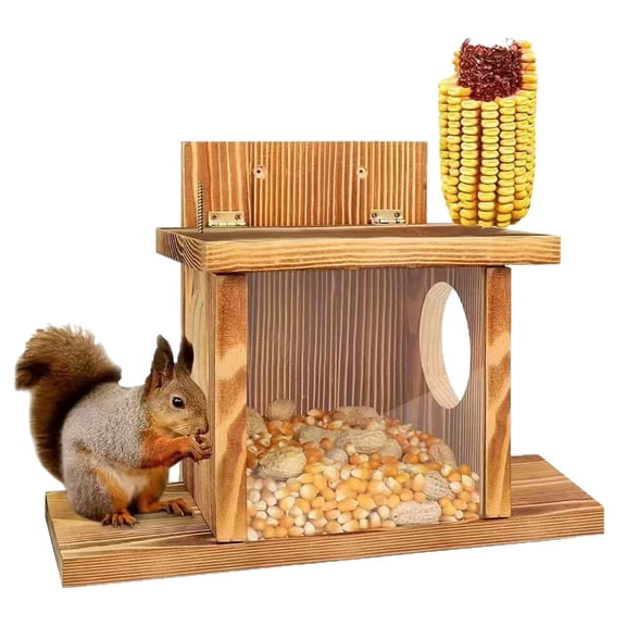 ACDANC Carbonized Wood Squirrel Feeder,Squirrel Feeders for Outside Winter,Durable Squrrill House Box Easy to Fill with Removable Front Panel,Wooden Chipmunk Feeder for Corn,Peanuts