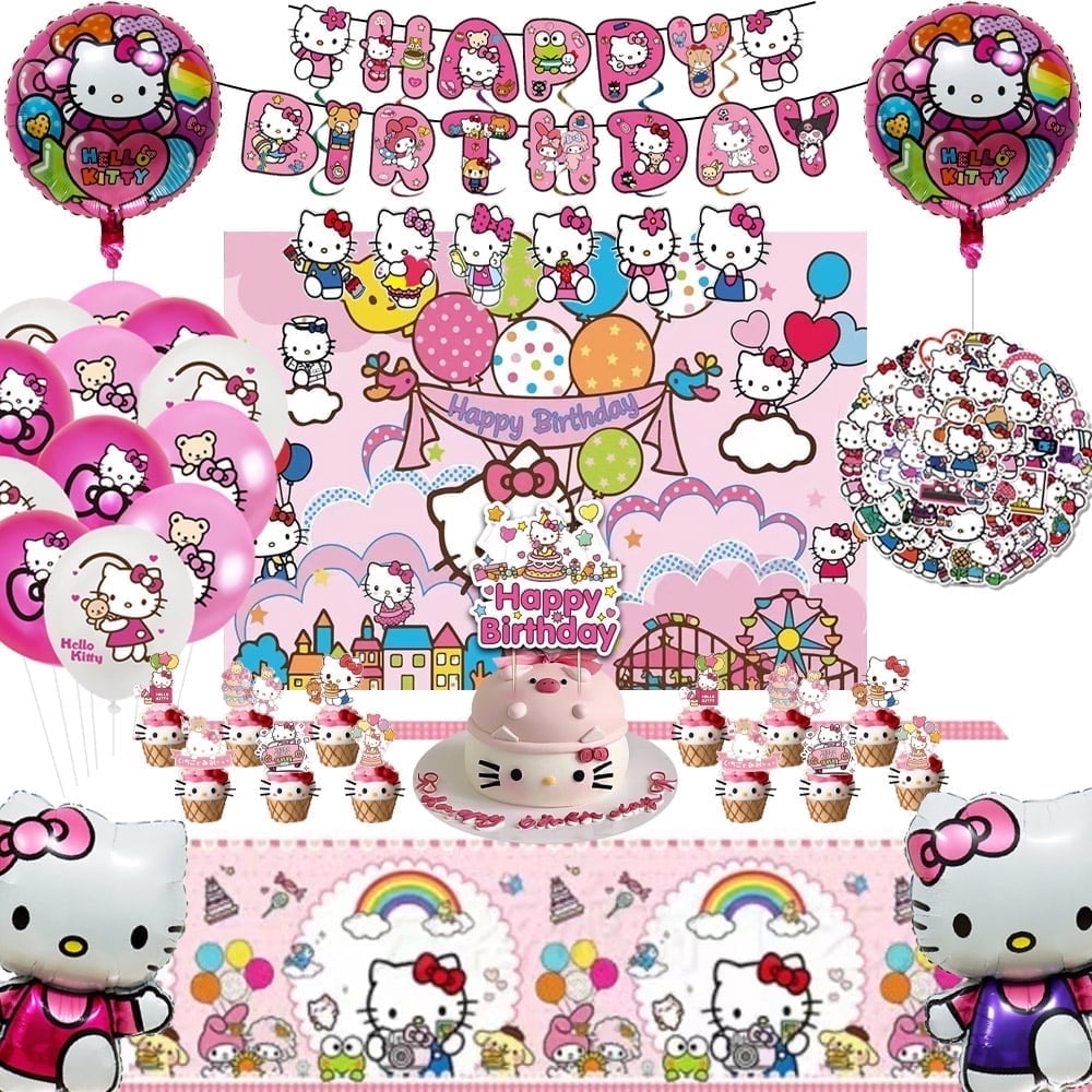 ACDANC Cartoon Hello Kitty Theme Cat Birthday Party Supplies for Kids - Kawaii Birthday Decorations Set with Banners, Backdrops, Tableware, Stickers, Balloons, and Cake Toppers