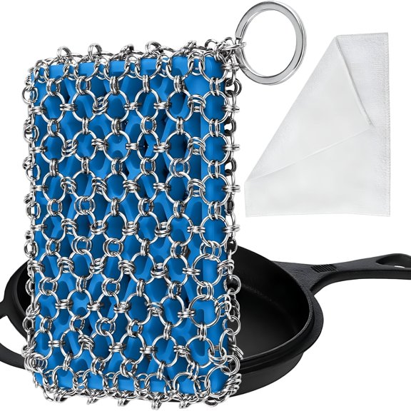 ACDANC Cast Iron Chainmail Scrubber,Upgraded Iron Skillet Cleaner with Scouring Cloth,For Cast Iron Pan Griddle Frying Pan Wok (Blue)