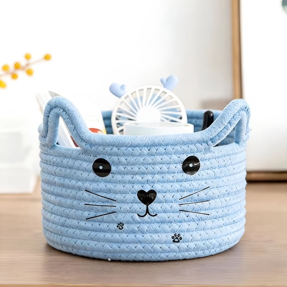 ACDANC Cat Basket Storage Woven Organizer with Ears,Cute Cotton Rope Basket for Gift Cat Dog