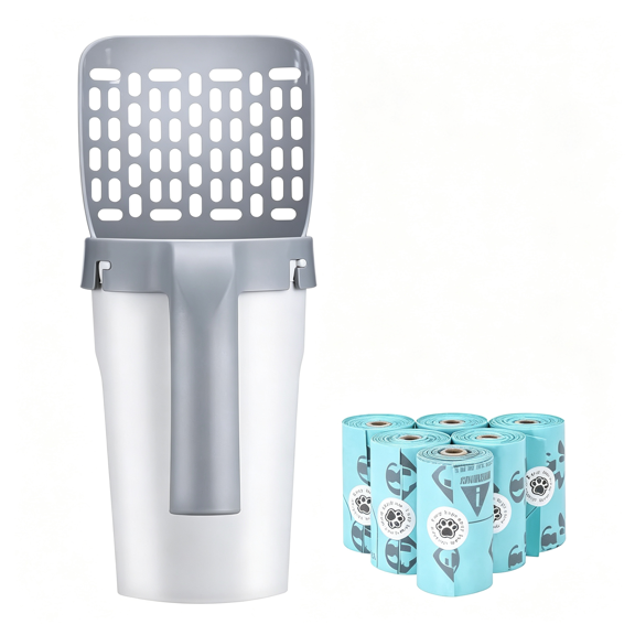 ACDANC Cat Litter Scoop with Attached Waste Caddy,2-In-1 Detachable Sifter and Trash Box System with 90 Counts Refilled Bags,One-Handed Operation Kitty Poop Scooper,Ideal for Cats,Kittens,Gray
