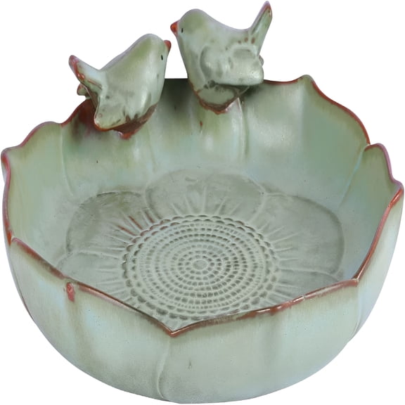 ACDANC Ceramic Bird Bath Bowl with Perched Birds-Outdoor Tabletop Birdbath Basin in Weather-Resistant Glaze-Usable on Ground,Deck Or Tabletop