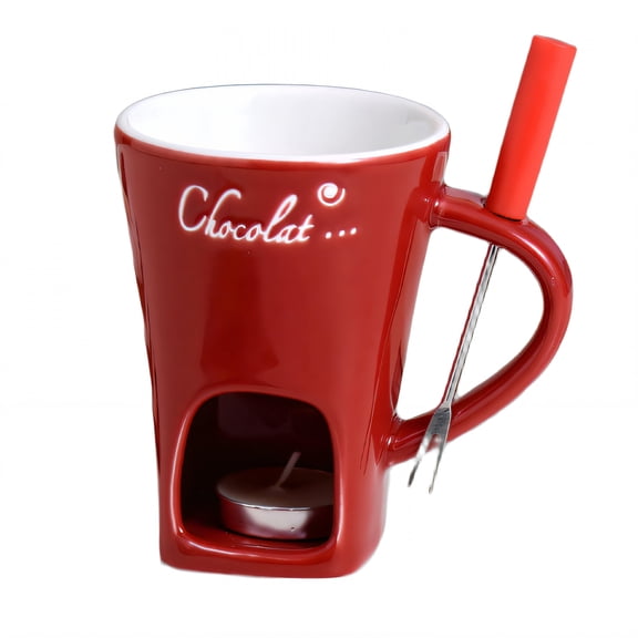ACDANC Ceramic Fondue Cup 450ml, Red Melting Mug with Dual Handles & Candle Warmer, Heat Resistant Cheese & Chocolate Serving Bowl for Parties