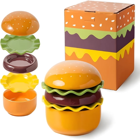 ACDANC Ceramic Hamburger Plates and Bowls Sets,5-Piece Novelty Stackable Burger Dinnerware Set,Fun and Cute Christmas Gift for Kids and Adults,Home Decor,Kitchen