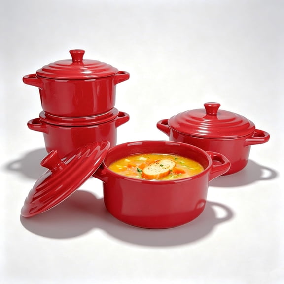 ACDANC Ceramic Mini Cocotte Set of 4-15Oz Small Casserole Dishes with Lids and Handles - Mini Dutch Ovens for Ramekins,Souffl and Desserts - Oven, Microwave & Dishwasher SafeRed