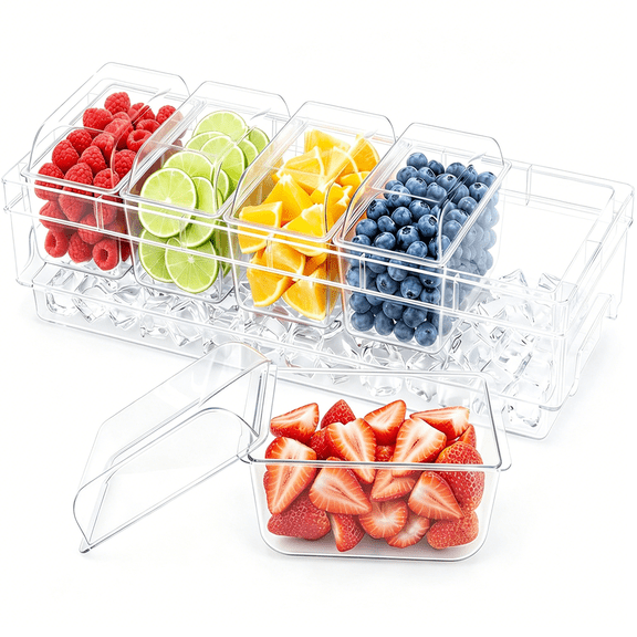 ACDANC Chilled Condiment Containers with Lids,Plastic Taco Bar Serving Set for Party with 5 Containers,Ice Garnish Tray for Mimosa Bar Supplies,Clear Serving Platter for Fruit,Salad,Snack