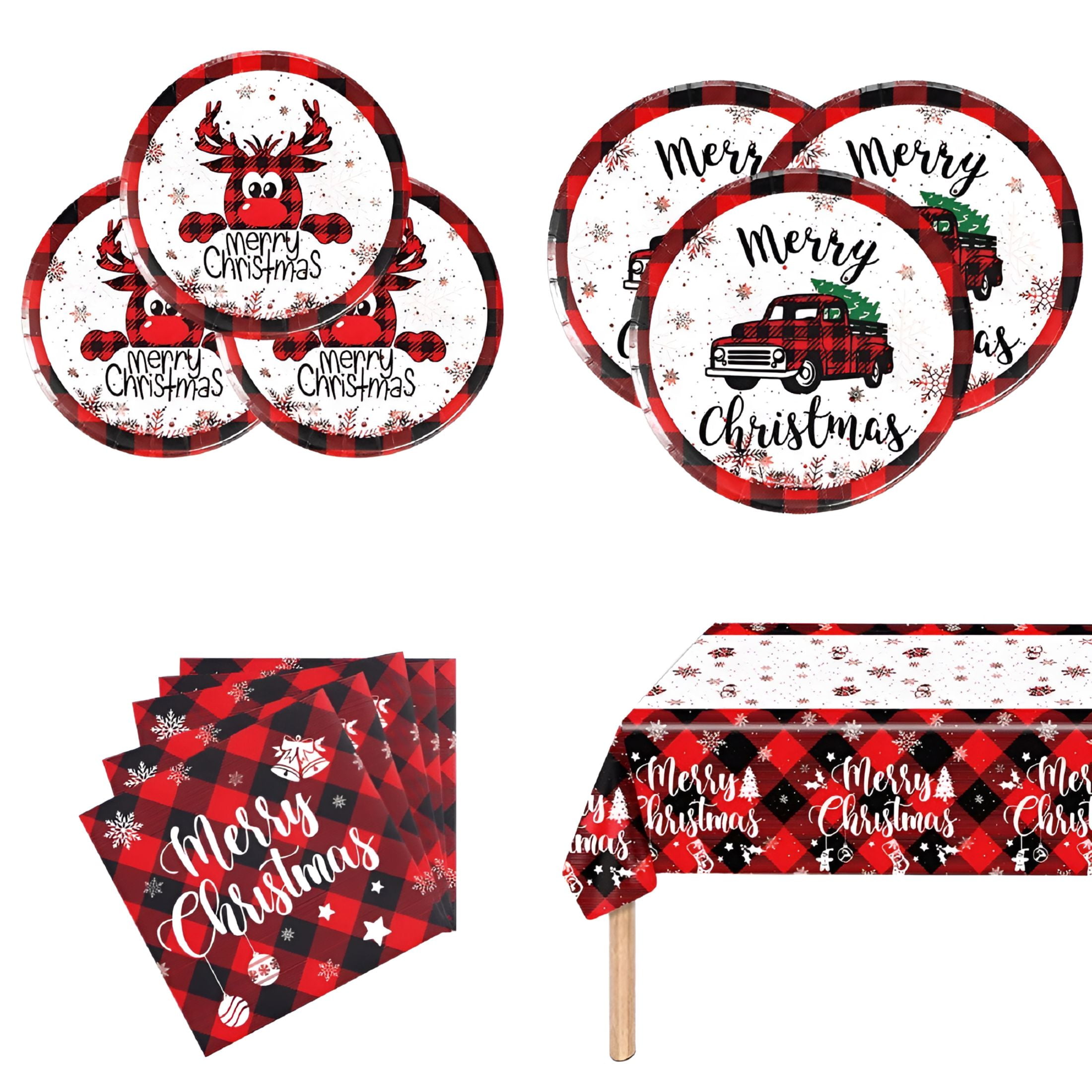 ACDANC Christmas Party Supplies Dinnerware Set Christmas Tableware with Buffalo Plaid Paper Plate Napkin Tablecloth Red and Black Plaid Deer for Christmas Holiday Xmas Birthday Decorations