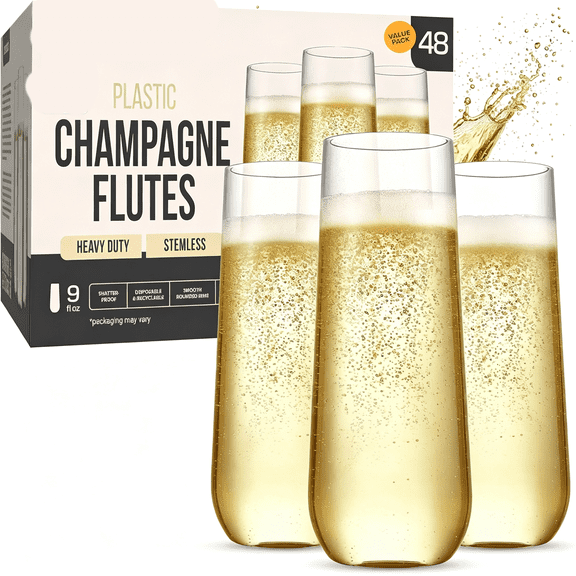 ACDANC Clear Stemless Champagne Flutes Plastic 48 Pack 9Oz Plastic Champagne Glasses - Durable and Sturdy Mimosa Glasses for Parties - Shatterproof,Recyclable,Bpa-Free,Smooth Rims
