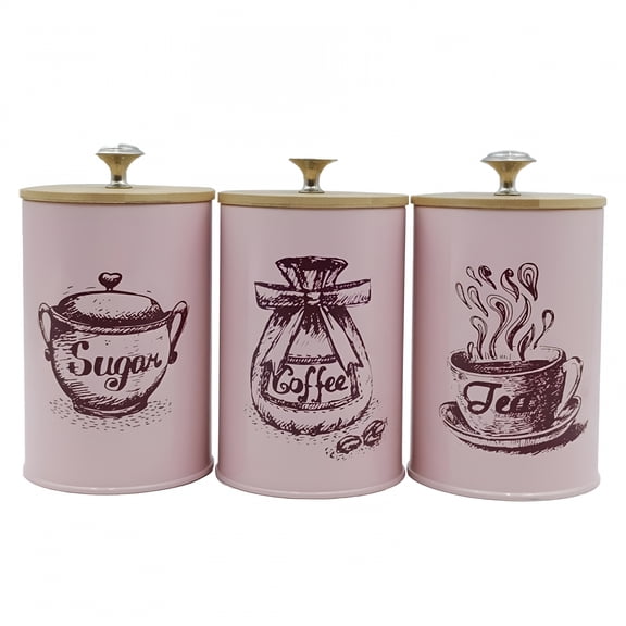 ACDANC 3 Pieces Kitchen Canisters Set Coffee Tea Sugar Containers Iron Modern Organizer Decorative Dustproof Lids Storage Containers Pink