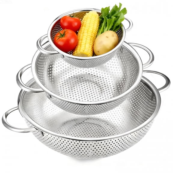 ACDANC Colander Set of 3,Stainless Steel Micro-Perforated Colanders Strainers for Draining,Rinsing,Washing,Ideal for Pasta,Vegetables,Fruits,Heavy Duty & Dishwasher Safe - 1/3/5 Quart