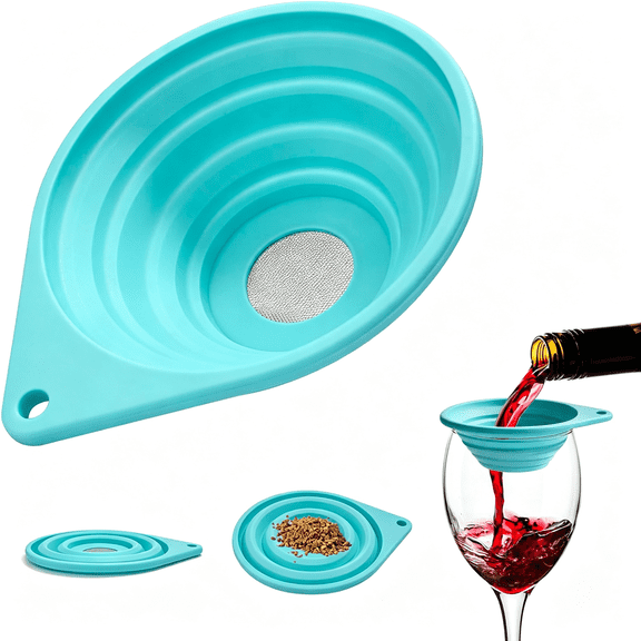 ACDANC Collapsible Silicone Funnel Strainer with 40-Mesh Stainless Steel Filter,4 in Bpa-Free Foldable Kitchen Sieve for Coffee Tea Wine Cocktails,Space Saving Funnels for Kitchen Camping Rv Blue