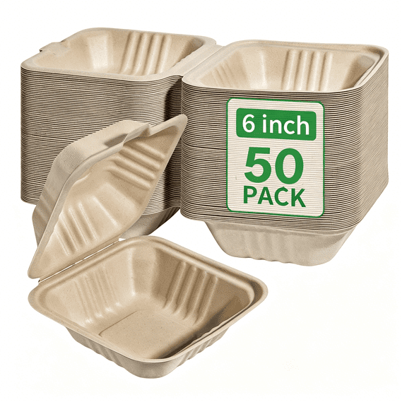 ACDANC Compostable 100 Pack 6x6 Inch Disposable Square Small Lunch Box Takeout Containers with Lid To Go Take Out Clamshell for Food, Eco-Friendly Biodegradable Bagasse, -Free