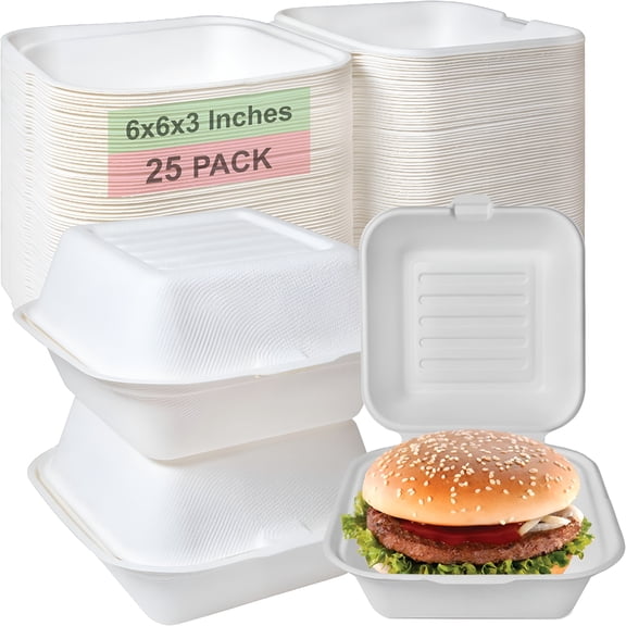 ACDANC Compostable Square Hinged Clamshell Take Out Food Containers 6X6 - Heavy Duty Quality Disposable to Go Containers, Single Compartment Eco-Friendly, Bagasse Fiber Containers with Lids (25)
