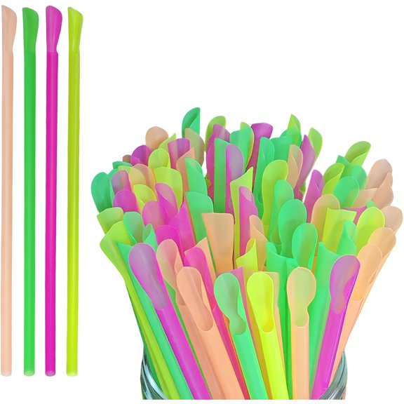 ACDANC Cone Spoon Straws Disposable Plastic Straws Green Yellow Colorful 100Pcs