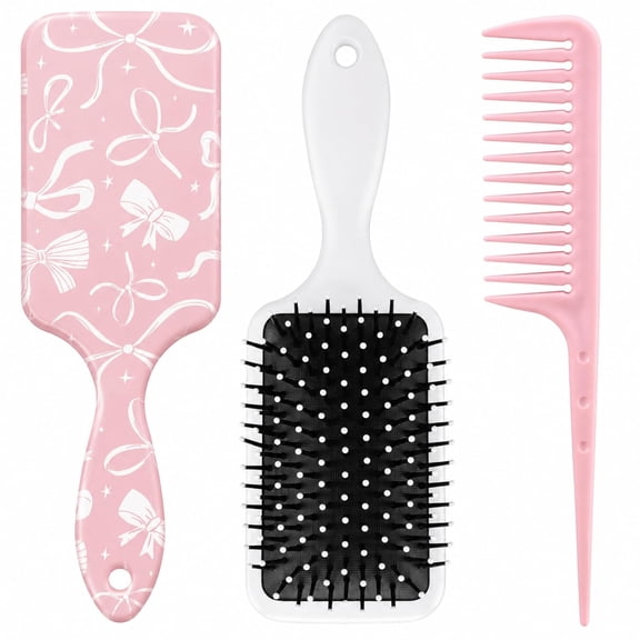 ACDANC Coquette Bow Paddle Hair Brush Set Cute Hair Brush Pastel Pink Detangle Tail Comb Set Back to School Gift Bow Print Anti Static Air Cushion Wide Tooth for Women Girl Soft Health