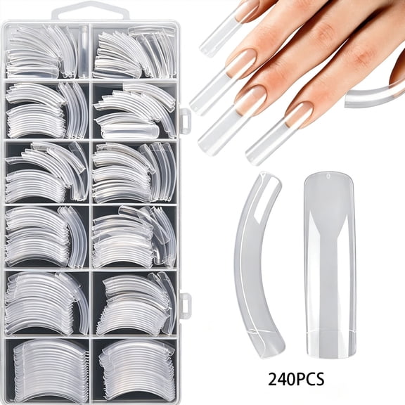 ACDANC Curved Nail Tips,Long Curved Press on Nails,12 Different Sizes C Curve Nail Tips,Transparent Design,Stylish and Simple,Suitable for Nail Salon and Diy Art(240 Pcs)