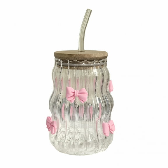 ACDANC Cute Glass Cup Cute Bow Glass Cup with Lids and Straws Pink Bow Iced Coffee Cup Drinking Jar Glass Cup Gifts for Teen Girls Women Daughter Sister Mom Classmates Coworkers Teachers
