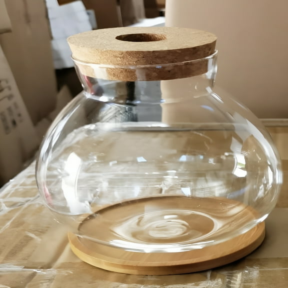 ACDANC Desktop Fish Bowl Hydroponic Terrarium Glass Small Fish Tank with Bamboo Cushion