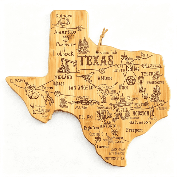 ACDANC Destination Texas State Shaped Cutting Board|State Charcuterie Serving Board with Engraved Map Artwork. Smooth Reverse Side for Food Prep. Hang Tie for Wall Display.