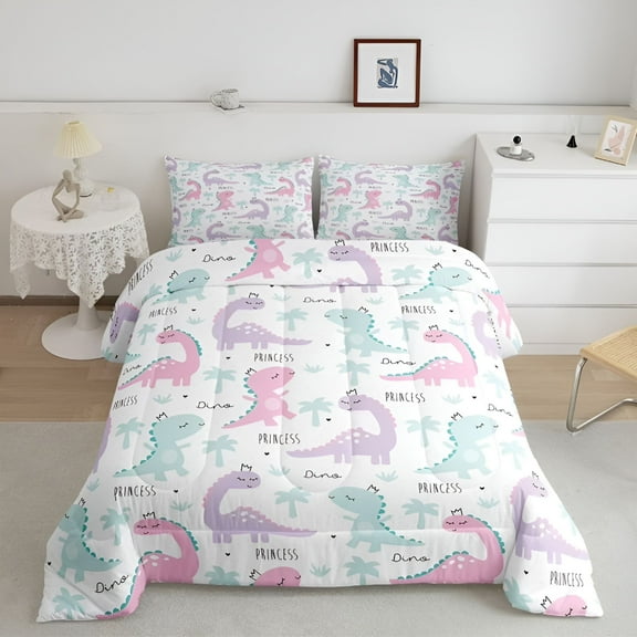 ACDANC Dinosaur Comforter Set Pink Purple Dinos Bedding Sets for Kids Girls Lovely Animals Comforter Jurassic Series Cartoon Down Comforter Child Room Decor with 1 Comforter and 2 Pillow Cases Full