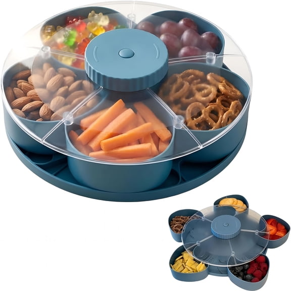 ACDANC Divided Spin & Snack Serving Tray,5-Compartment Rotating Party Platter,Rotating Snack Box Container with Lid for Snacks,Dips & Party Appetizers,For Picnic,Travel and Kitchen (Blue)