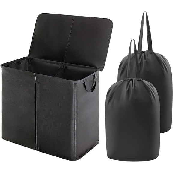 ACDANC Double Laundry Hamper with Lid,Divided Laundry Basket with Removable Bags and Handles,Large Separated Clothes Basket,Black
